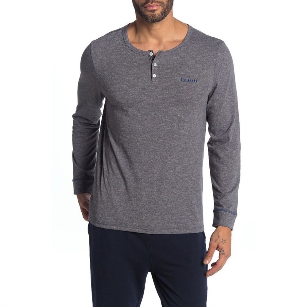 Ted Baker Mens Shirt Crewneck Gray Henley Top Long Sleeve Cotton Sz M